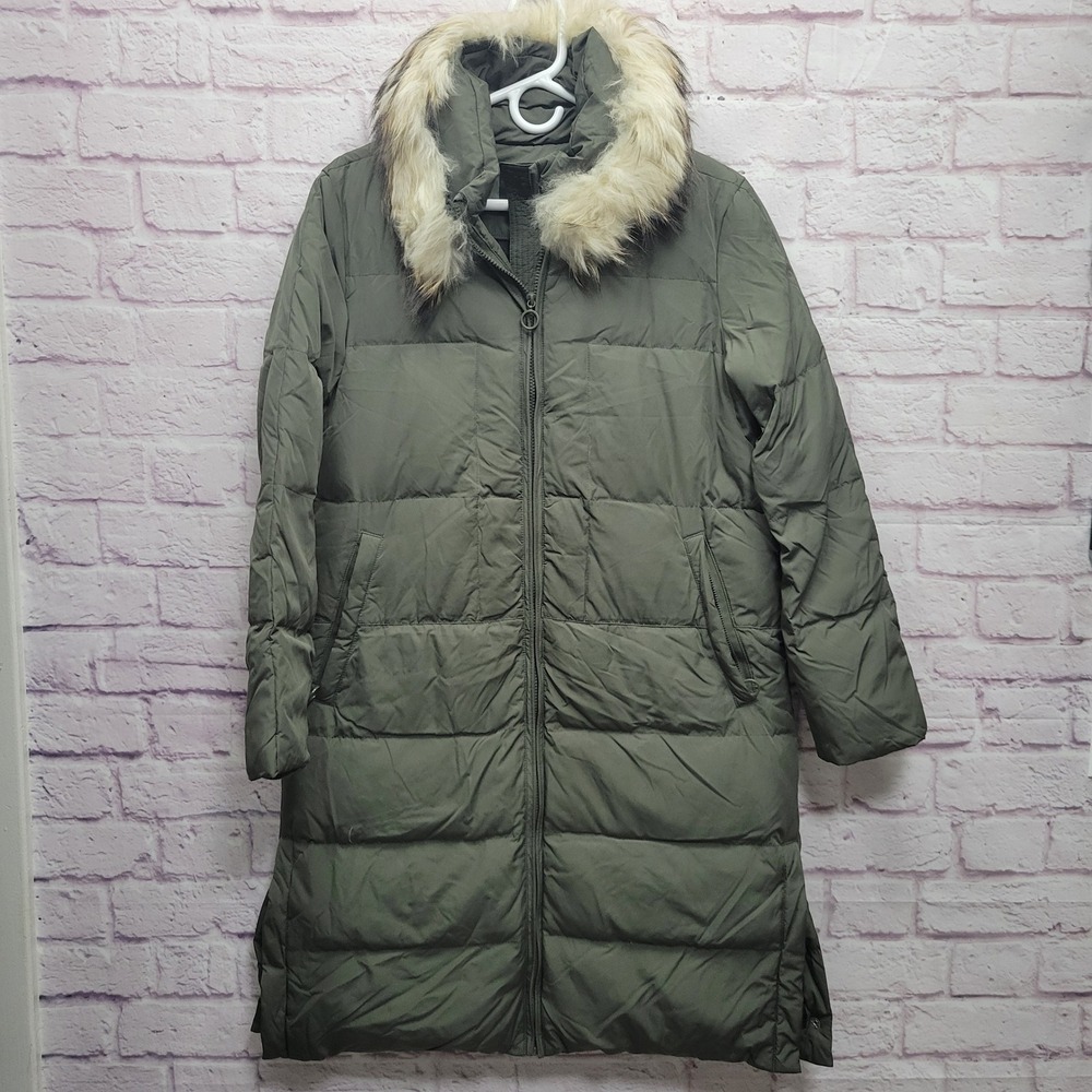Long Women's Duck Down Puffer Jacket Size 10 (M) Olive‎ Green Raccoon Fur Collar